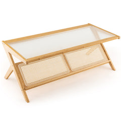 Z-Shaped Handwoven Bamboo Coffee Table with Tempered Glass Top
