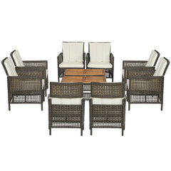 5 Pieces Patio Rattan Furniture Set Cushioned Sofa Armrest Wooden Tabletop