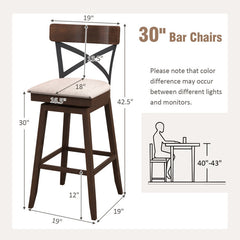 Set of 2 Wooden Swivel Bar Stools with Cushioned Seat and Open X Back