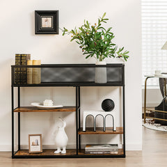 4-Tier Industrial Console Table with Wire Basket and shelf In Rustic Brown