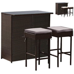 3 Pieces Outdoor Rattan Wicker Bar Set with 2 Cushions Stools