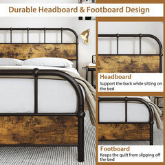 Queen Size Industrial Metal Platform Bed Frame with Headboard Mattress Foundation-Coffee
