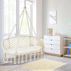 2 Person Hanging Hammock Chair Macrame Swing with Zippered Cushion