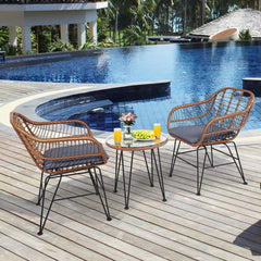 3 Pieces Patio Rattan Bistro Set with Cushion