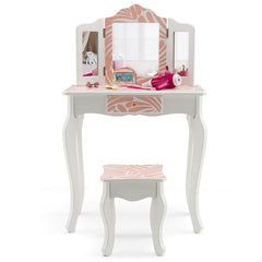 2-in-1 Kids Vanity Table Set with Tri-folding Mirror