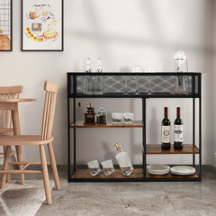 4-Tier Industrial Console Table with Wire Basket and shelf In Rustic Brown
