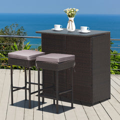 3 Pieces Outdoor Rattan Wicker Bar Set with 2 Cushions Stools
