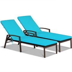 2 Pieces Patio Rattan Reclining Chaise Lounge Chair with Cushion and Armrest