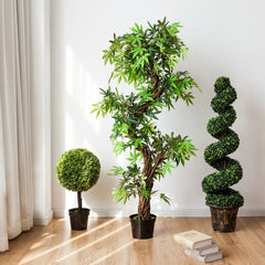 2 Pieces 4 Feet Artificial D茅cor Green Boxwood Spiral Tree Set
