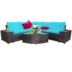 6 Piece Wicker Patio Sectional Sofa Set with Tempered Glass Coffee Table