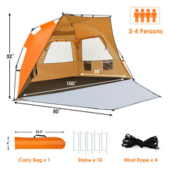 3-4 Person Easy Pop-Up Beach Tent UPF 50+ Portable Sun Shelter