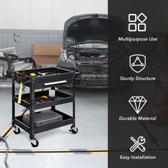 3-Tray Tool Cart with Drawer and 4 Universal Wheels