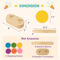 12-Piece Kids Wooden Balance Beam with Colorful Steeping Stones