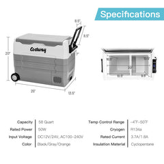 58 Quarts Car Refrigerator Portable RV Freezer Dual Zone with Wheel