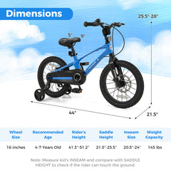 16 Inch Kids Bike Magnesium Alloy Training Bicycle Adjustable for Kids Aged 4 to 7