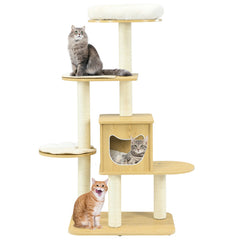 4 Levels Modern Wood Cat Tower with Washable Mats