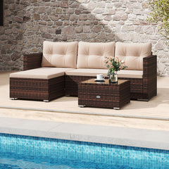 2-Piece Outdoor Wicker Furniture Set with Tempered Glass Coffee Table and Soft Cushions