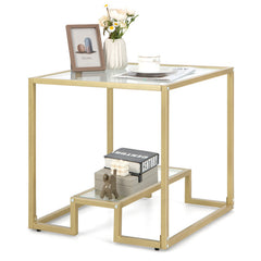 22 Inch 2-Tier Square Sofa Side Table with Tempered Glass Tabletop