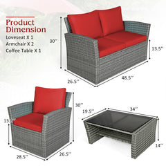 4 Pieces Patio Rattan Furniture Set Sofa Table with Storage Shelf Cushion