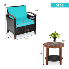 3 Pieces Patio Wicker Furniture Set with Washable Cushion and Acacia Wood Tabletop