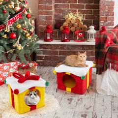 2 Gift Box Shaped Cute Christmas Cat House with Bow