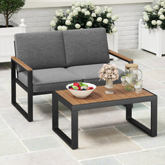 2 Piece Patio Aluminum Furniture Set with Wood-Plastic Armrests and Tabletop