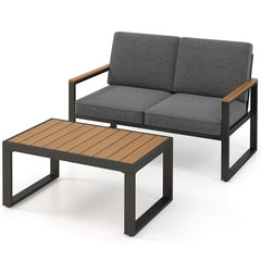 2 Piece Patio Aluminum Furniture Set with Wood-Plastic Armrests and Tabletop