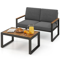 2 Piece Patio Aluminum Furniture Set with Wood-Plastic Armrests and Tabletop