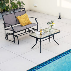 Outdoor Metal Gliding Loveseat Chair with Tempered Glass Coffee Table