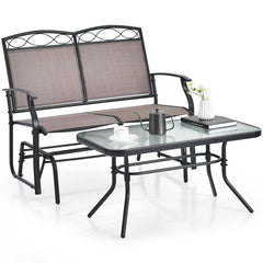 Outdoor Metal Gliding Loveseat Chair with Tempered Glass Coffee Table