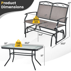 Outdoor Metal Gliding Loveseat Chair with Tempered Glass Coffee Table