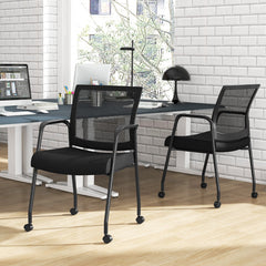 Set of 2 Office Guest Chairs on Wheels with Metal Frame and Armrests