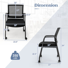 Set of 2 Office Guest Chairs on Wheels with Metal Frame and Armrests