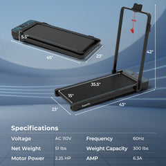 2 in 1 Folding Treadmill with 300 LBS Capacity and Remote Control for Home
