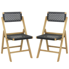Set of 2 Folding Chairs Indonesia Teak Wood Dining Chairs with Woven Rope Seat and Back