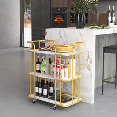 3-Tier Metal Kitchen Storage Serving Cart Trolley with Marble Tabletop and Handles