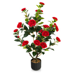 38 Inch Artificial Camellia Tree Faux Flower Plant in Cement Pot 2 Pack
