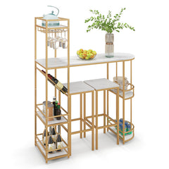 3 Pieces Bar Table Set with Storage Shelves and Wine Rack