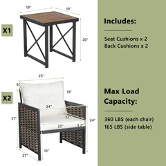 3 Pieces Patio Rattan Furniture Set with Acacia Wood Tabletop and Metal Frame