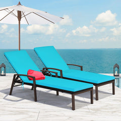 2 Pieces Patio Rattan Reclining Chaise Lounge Chair with Cushion and Armrest