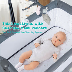 Height Adjustable Baby Side Crib with Music Box & Toys In Dark Gray