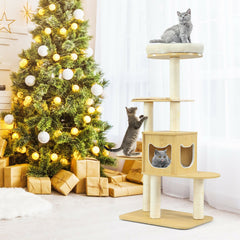 4 Levels Modern Wood Cat Tower with Washable Mats