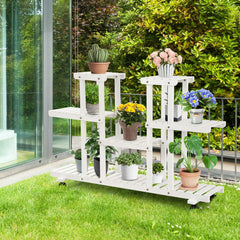 4-Tier Casters Rolling Flower Rack Wooden Plant Stand
