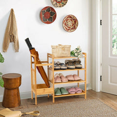 4-Tier Bamboo Shoe Rack Organiser with Umbrella Holder