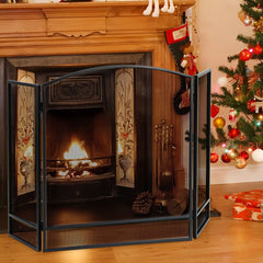 3-Panel Foldable Fireplace Screen with Wrought Metal Mesh