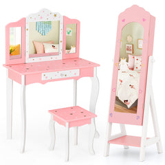 2 Pieces Kids Vanity Set and Jewelry Armoire Cabinet with Full-length Mirror