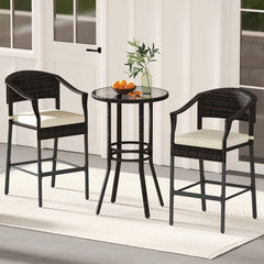 3-Piece Patio Rattan Bar Set with Tempered Glass Top for Backyard Poolside
