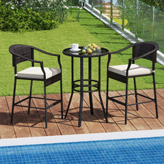 3-Piece Patio Rattan Bar Set with Tempered Glass Top for Backyard Poolside