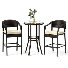 3-Piece Patio Rattan Bar Set with Tempered Glass Top for Backyard Poolside