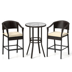 3-Piece Patio Rattan Bar Set with Tempered Glass Top for Backyard Poolside
